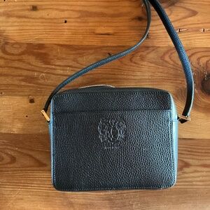 Pebbled Black Leather Crossbody Bag with Embossed Crest